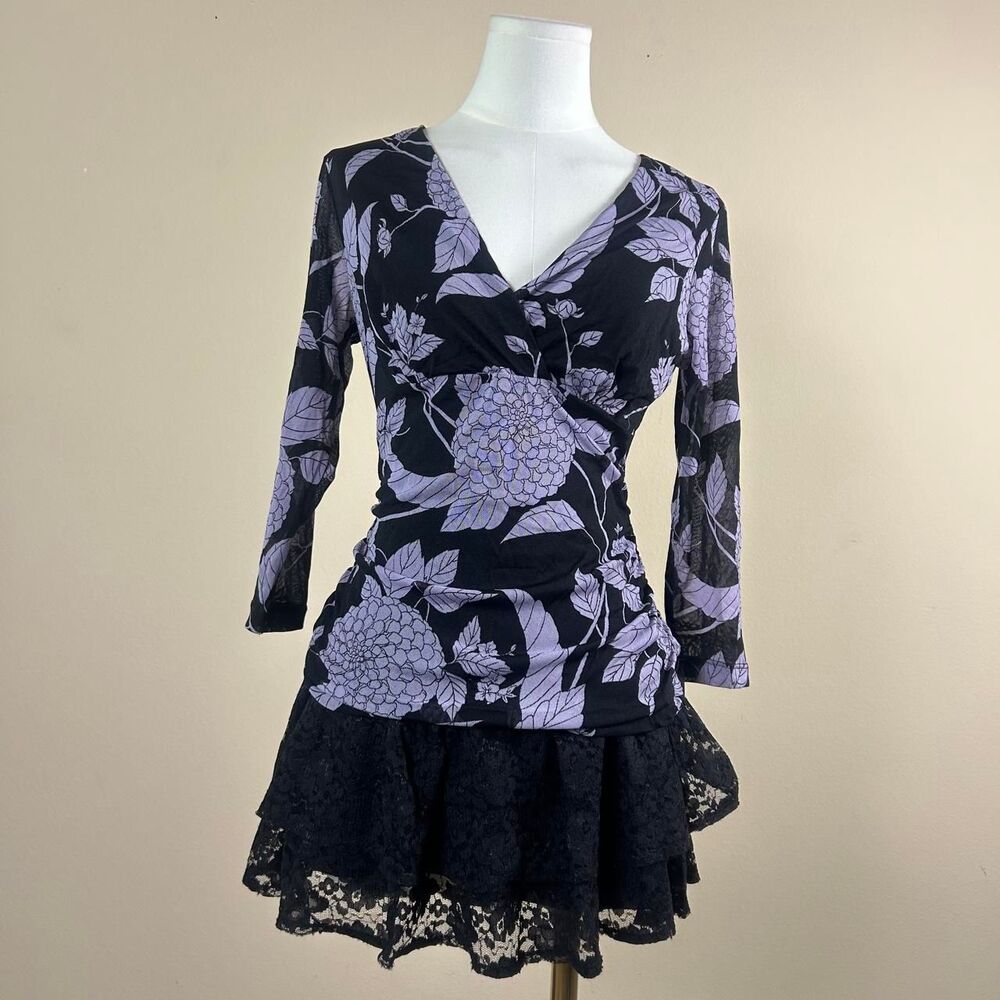 Worthington Whimsigoth Purple and Black Floral Mesh Top